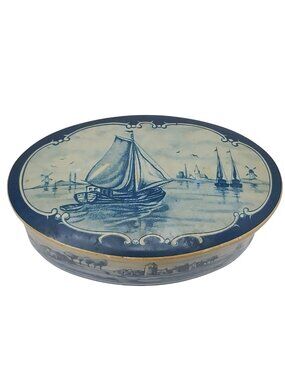 Vintage Oval Tin Container Blue Delft Dutch Coastal Scene Windmills W. Germany
